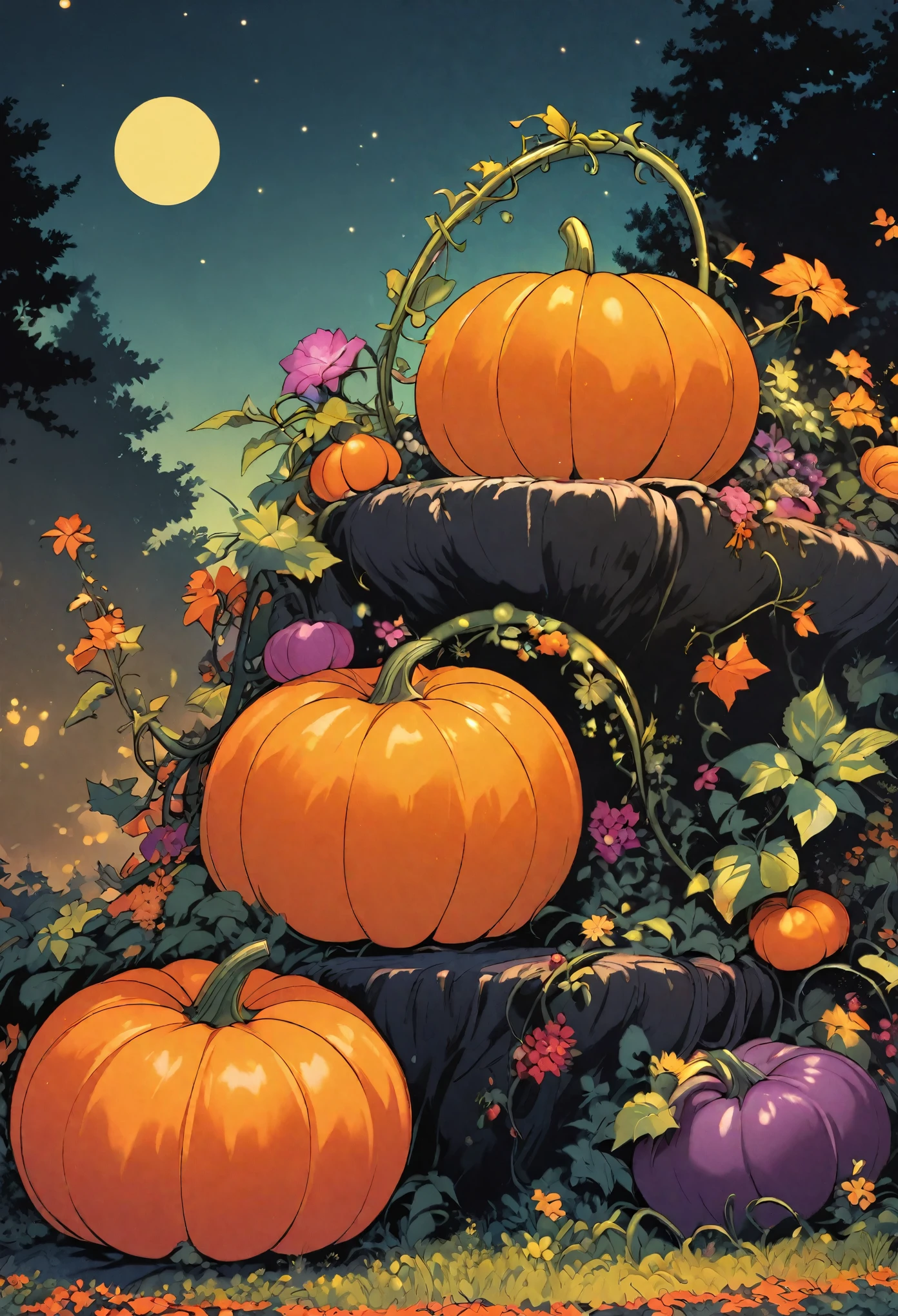Poayoi Kusama,High Saturation,Rich color collision,Big forest at night,Tranquility,Close-up of a large pumpkin on a pumpkin vine,Vintage illustration