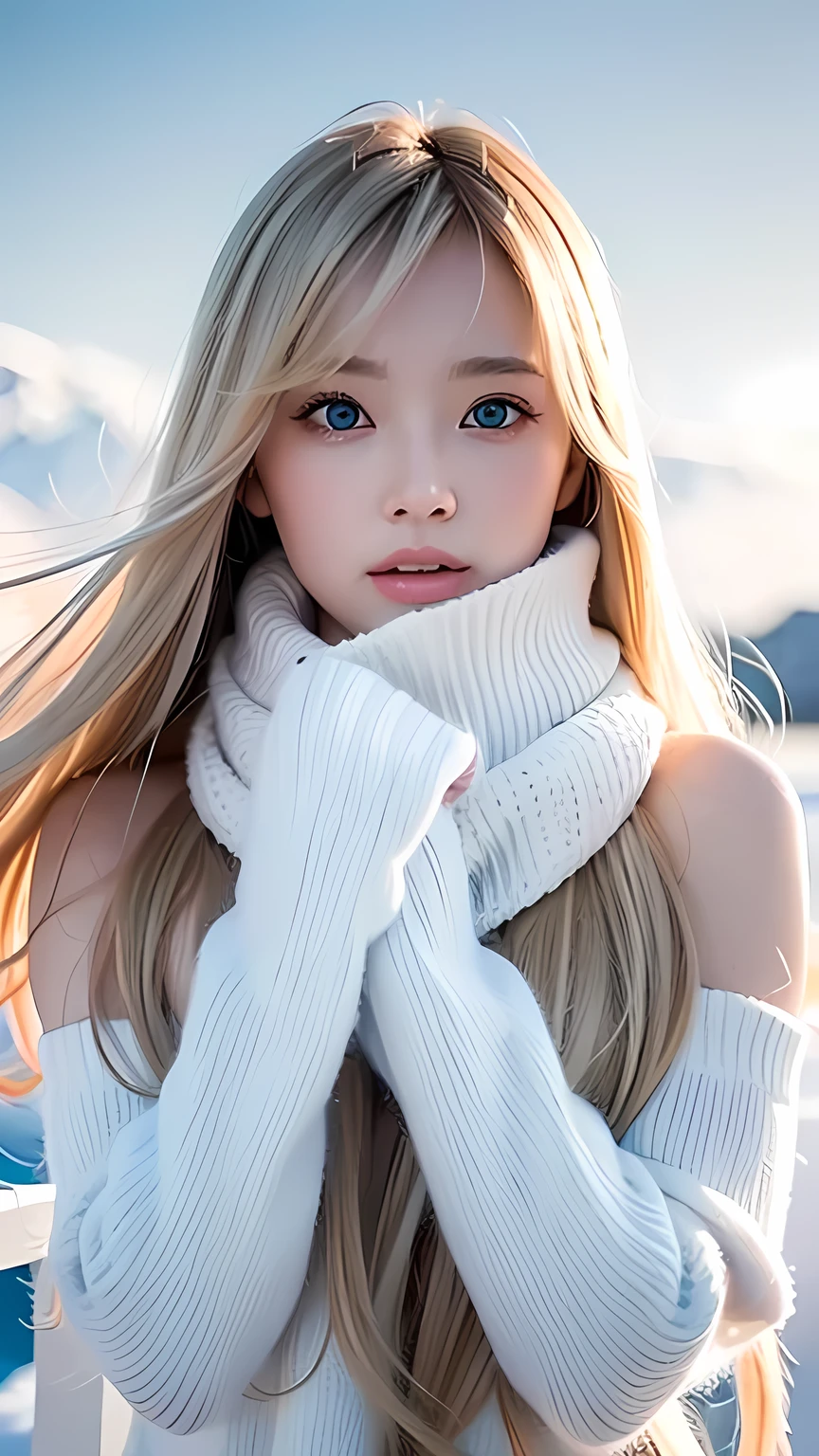 alone, very beautiful nordic girl、Shiny light blonde hair, Beautiful super long straight dazzling blonde hair fluttering in the strong wind,Long bangs obstruct the view、 Very large eyes are pale sky blue, Detailed face, White and beautiful skin、Cheek gloss highlighter、Mittens, White scarf, whole body, Snow Forest, Attractive areas, (Blushing your nose, Heavy breathing:1.1), (dark:1.4)