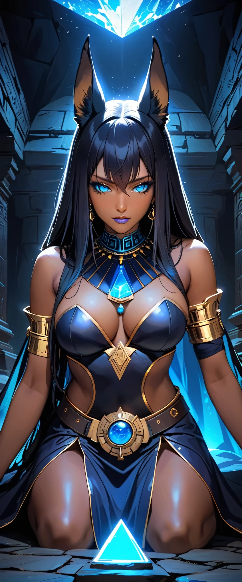(masterpiece:1.2, Highest quality,Highest quality,Very detailed:1.2),8k,wallpaper,Female Anubis God,(Detailed face:1.2,Beautiful Face,Beautiful Skin,Dark Skin,Beautiful Hair),(functional),(Revealing clothing),(Shining Jewelry),(Shiny costumes),(Costume details:1.4),(彼女は暗いDoor to the underworldを開こうとしている:1.6),((Eyes glowing blue:1.6)),(The dark aura of the underworld:1.6),(dynamic),(Dark atmosphere of the underworld:1.6),(((Under the Pyramid,Door to the underworld)))