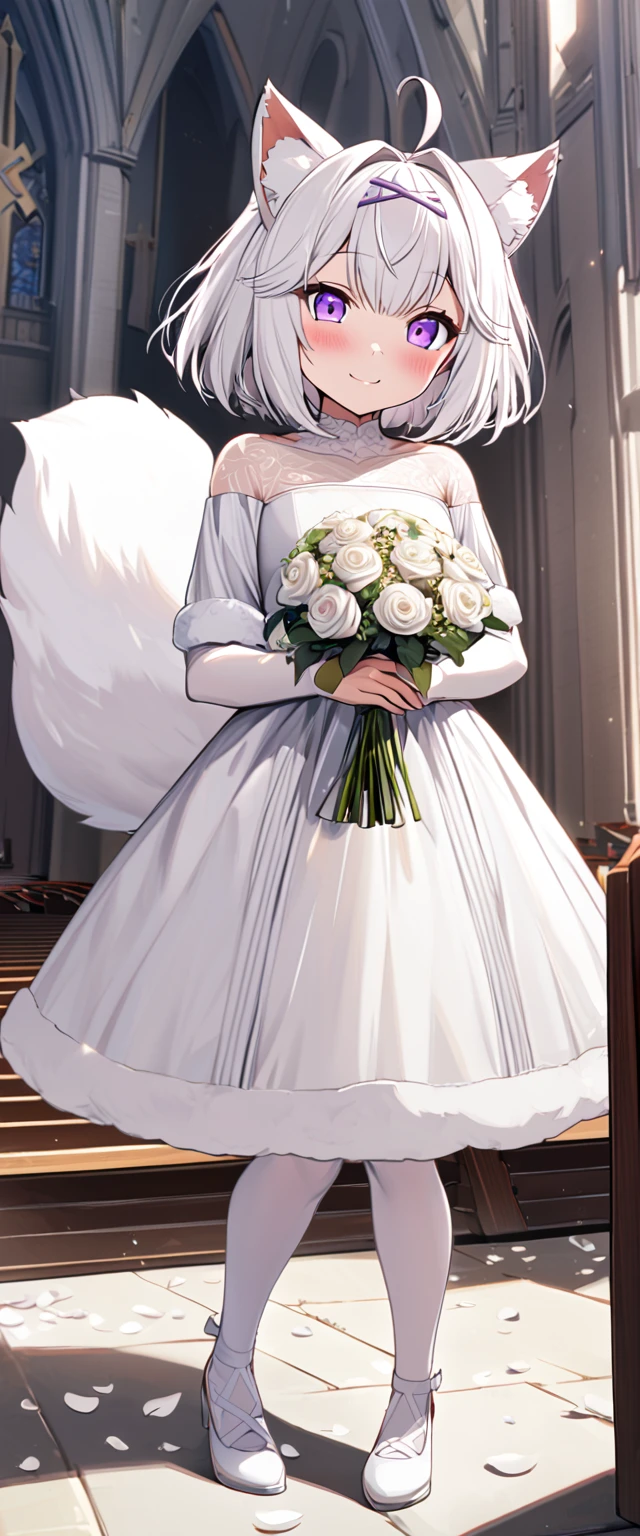 Church, infront of the altar, church isle, 1girl, tall, 160cm, solo, Filian, fluffy fox tail, small cat ears, white hair, short hair, ahoge, hairclip, hair bell, big purple eyes, slight blush, smiling, a-line wedding dress, white stockings, white shoes with heals, scattered white petals, full body pose, innocent pose, holding bridal bouquet