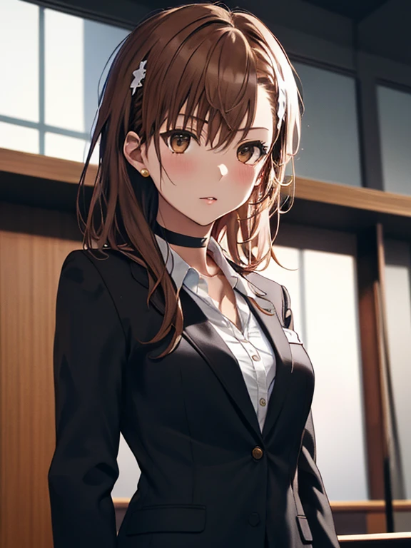 敏腕lawyer, (suit), (The background is the courtroom), lawyer, Misaka Mikoto, 1girl, black choker, uhd, retina, masterpiece, ccurate, anatomically correct, textured skin, super detail, high details, high quality, best quality, highres, 4K