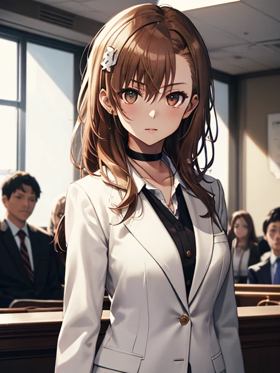 敏腕lawyer, (suit), (The background is the courtroom), lawyer, Misaka Mikoto, 1girl, black choker, uhd, retina, masterpiece, ccurate, anatomically correct, textured skin, super detail, high details, high quality, best quality, highres, 4K
