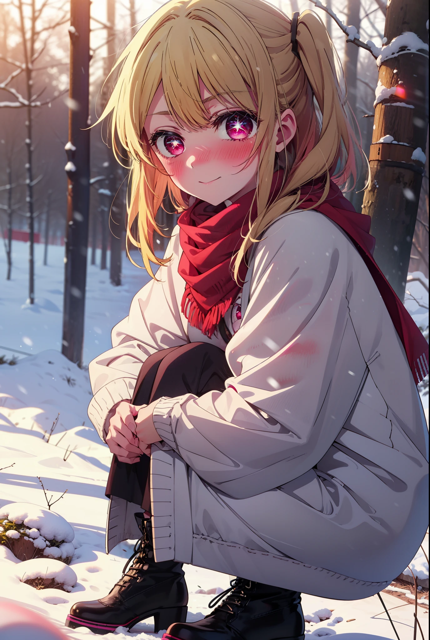 rubyhoshino, Hoshino Ruby, Long Hair, bangs, blonde, (Pink Eyes:1.3), Side Lock, (Symbol-shaped pupil:1.5), Multicolored Hair, Two-tone hair, smile,,smile,blush,white breath,
Open your mouth,snow,Ground bonfire, Outdoor, boots, snowing, From the side, wood, suitcase, Cape, Blurred, , forest, White handbag, nature,  Squat, Mouth closed, Cape, winter, Written boundary depth, Black shoes, red Cape break looking at viewer, Upper Body, whole body, break Outdoor, forest, nature, break (masterpiece:1.2), Highest quality, High resolution, unity 8k wallpaper, (shape:0.8), (Beautiful and beautiful eyes:1.6), Highly detailed face, Perfect lighting, Extremely detailed CG, (Perfect hands, Perfect Anatomy),