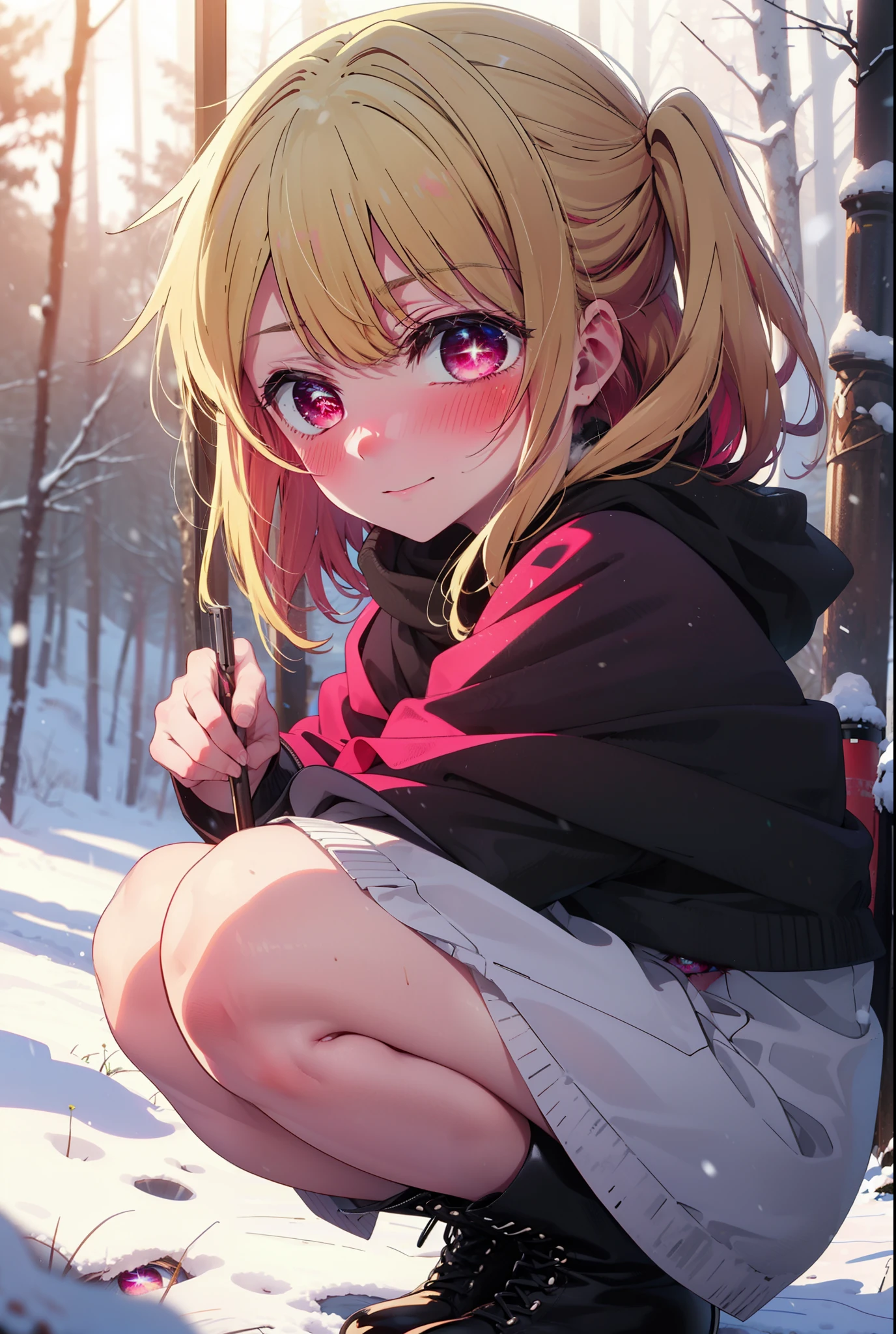 rubyhoshino, Hoshino Ruby, Long Hair, bangs, blonde, (Pink Eyes:1.3), Side Lock, (Symbol-shaped pupil:1.5), Multicolored Hair, Two-tone hair, smile,,smile,blush,white breath,
Open your mouth,snow,Ground bonfire, Outdoor, boots, snowing, From the side, wood, suitcase, Cape, Blurred, , forest, White handbag, nature, Squat, Mouth closed, Cape, winter, Written boundary depth, Black shoes, red Cape break looking at viewer, Upper Body, whole body, break Outdoor, forest, nature, break (masterpiece:1.2), Highest quality, High resolution, unity 8k wallpaper, (shape:0.8), (Beautiful and beautiful eyes:1.6), Highly detailed face, Perfect lighting, Extremely detailed CG, (Perfect hands, Perfect Anatomy),