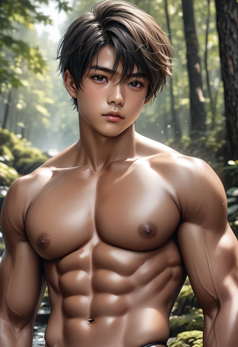 high quality, detailed, Realistic,(one 17 years old tanned japanese boys:1.5), (detailed black eyes), (black short hair), (muscle:1.2), (tanned dark brown skin), woods, (black tiny thong), (bulge), (detailed nipples), detailed areola, best quality, 4k, 8k, highres, (masterpiece:1.2),ultra-detailed, (realistic, photorealistic, photo-realistic:1.37), (face close up:0.8),--no watch,