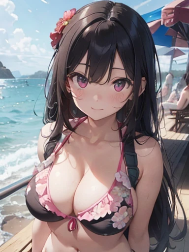 05
(masterpiece、Highest quality、,8k),(Highly detailed CG1.1),1 girl,(close distance:1.4),(Long black hair:1.2),Pink Eyes、smile,(Floral ruffled bikini:1.3),Large Breasts,Beautiful skins、Detailed eyes、(Long eyelashes),(Abdominal muscles:1.2),Beach,(From above:1.2),Dynamic Angle ,Dynamic pose,Summer Light,Intricate details , (Ultra-realistic:1.3),Perfect Anatomy,Big Breasts