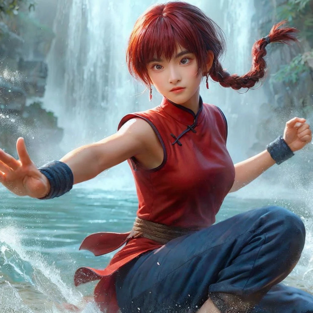 Potography hyper realistic of Ranma, a young female character with striking red short hair with a braided pigtail, has a beautiful body. She is dressed in kungfu attire: a sleeveless red shirt, navy pants, and slip-on shoes. Standing behind her is a large, serious panda. Both are captured in dynamic action poses with martial arts elements, set against a misty waterfall backdrop.