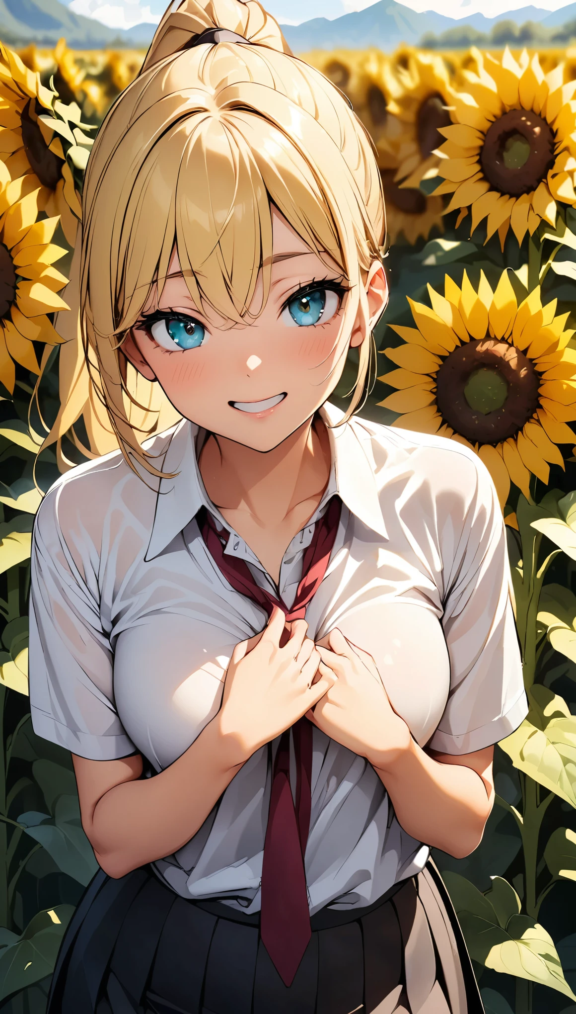 Sunflower field, Very detailed, JK, White shirt and red tie:1.2, (Loose tie), Sexy pose, 1 shot, Complex eyes, Lustrous smile, Blonde, High ponytail, Open your mouth, Sigh, Admire the sunflowers:1.1, Natural light, (sound), (Highest quality:1.2, Detailed illustrations, Attention to detail, masterpiece:1.2, Highest quality, Best aesthetics),
