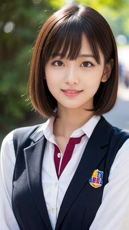 masterpiece)、(Highest quality:1.5)、(Photorealistic:1.2)、(Surreal), (High resolution), (Realistic), (Post-processing),(Sharp focus), Sharp focus:1.2,Backlight, (Improvement of quality:1.4), (Narrow waist)、((Perfectly detailed five-fingered hands)),(Anatomically correct body)、((1 female:1.4))、Japanese、Realistic Skin、(Small chest:1.4)、Bust size is A cup、A pretty woman with a slender figure:1.4,(from the front:1.5), (Enhances the beauty of skin texture:1.1),No makeup、美しいBlack Hair、smile、Natural color lip、(Small Mouth:1.4)、The mouth is not open、Thick lips、(Oval Face)、Even bangs、Hide eyebrows with bangs、((33-year-old woman))、Bob Hair、Hair blowing in the wind, (Black Hair, Iris, Watery eyes, Shining Eyes, Bob cut hair,), Hair behind the ear、No makeup、(Drooping eyes)、(((One lovely woman)),((優しい大きなsmile)),(( Small breasts,Small breastsの谷間)),((((Plump Cheeks)))),very cute,(Baby Face),Raccoon face,1 girl, (Please wear your high school blazer uniform:1.2),