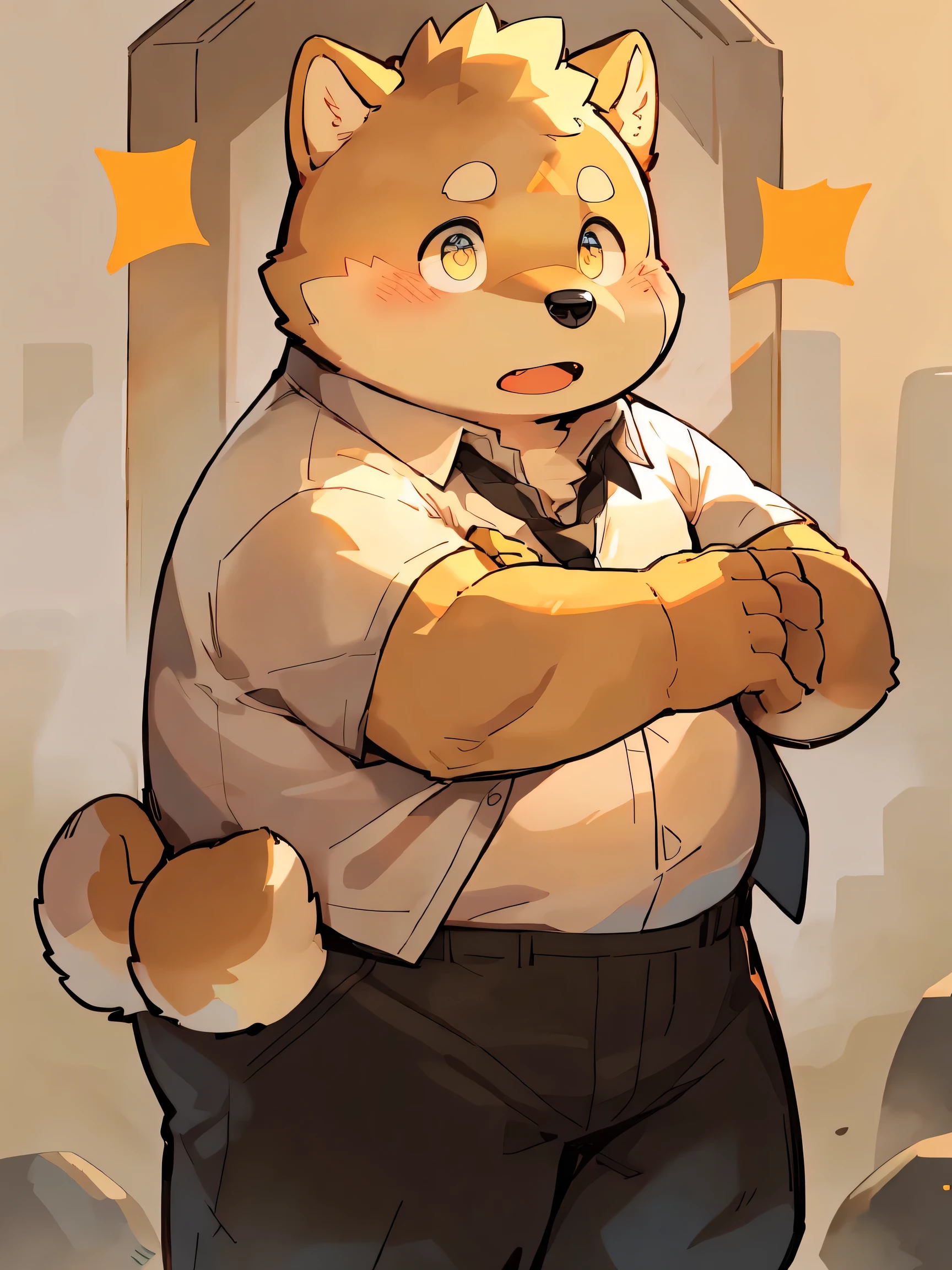 masterpiece, best quality, Perfect anatomical structure, Bright Eyes, Big watery eyes, Provided by RUHU1145, hairy, (Shiba Inu), fur(trigger:0.3)，boys, solitary，Shy，Black pants，White shirt，(Black Tie)，(Chubby body)，