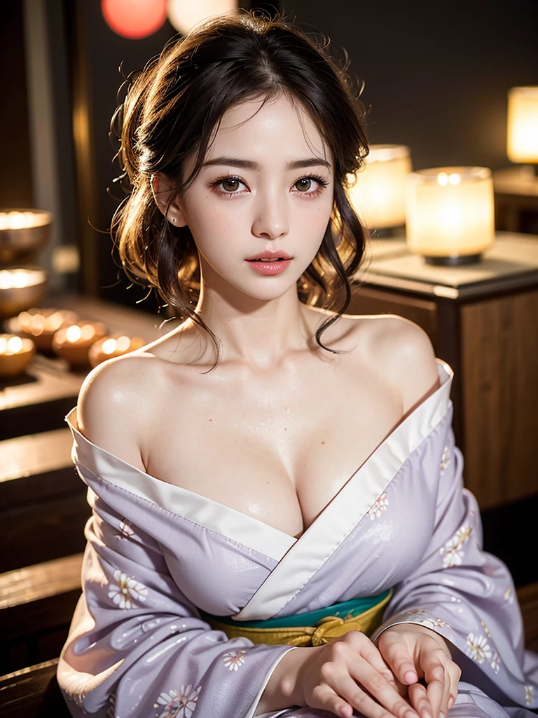 Mix 4, (8k, Live Shooting, Highest quality, masterpiece: 1.2), (Real, Photorealistic: 1.37), 一人のgirl, cute, night, rain, Wetty, Professional Lighting, Photon Mapping, Radio City, Physically Based Rendering, Gradient black hair, Gray Hair, Short Curly Hair, good looking, girl, Highest quality写真, High resolution, 1080P, (Clear Face), (Detailed face description), (Detailed hand description), (masterpiece), (Exquisite CG)、Extreme light and shadow、Disheveled Hair、Masterwork、Rich details、(Fine facial features)、(Highest qualityの写真)、(Masterpiece)、(Detailed eyes)、Look in front of you、Detailed clavicle、((Mid-breasted))、Nipple erection、Sexy、Lady、Clear、Smooth Hair、Clothes are not shiny、yukata、firework、kimono、赤色の生地のkimono、花柄のkimono、Summer festival、stall、Begging expression、Looking up、Camera angle from above、The image angle depicts the woman from above.、Looking up、The gesture of looking at someone by turning only your eyes upwards、