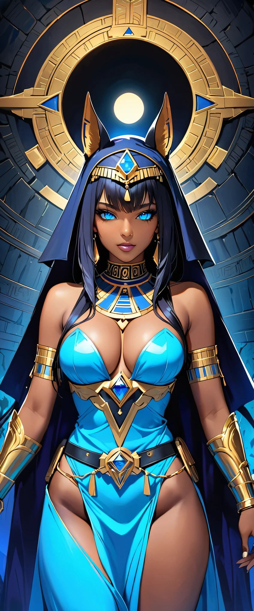 (masterpiece:1.2, Highest quality,Highest quality,Very detailed:1.2),8k,wallpaper,Female Anubis God,(Detailed face:1.2,Beautiful Face,Beautiful Skin,Dark Skin,Beautiful Hair),(functional),(Revealing clothing),(Shining Jewelry),(Shiny costumes),(Costume details:1.4),(彼女は暗いDoor to the underworldを開こうとしている:1.6),((Eyes glowing blue:1.6)),(The dark aura of the underworld:1.6),(dynamic),(Dark atmosphere of the underworld:1.6),(((Under the Pyramid,Door to the underworld)))