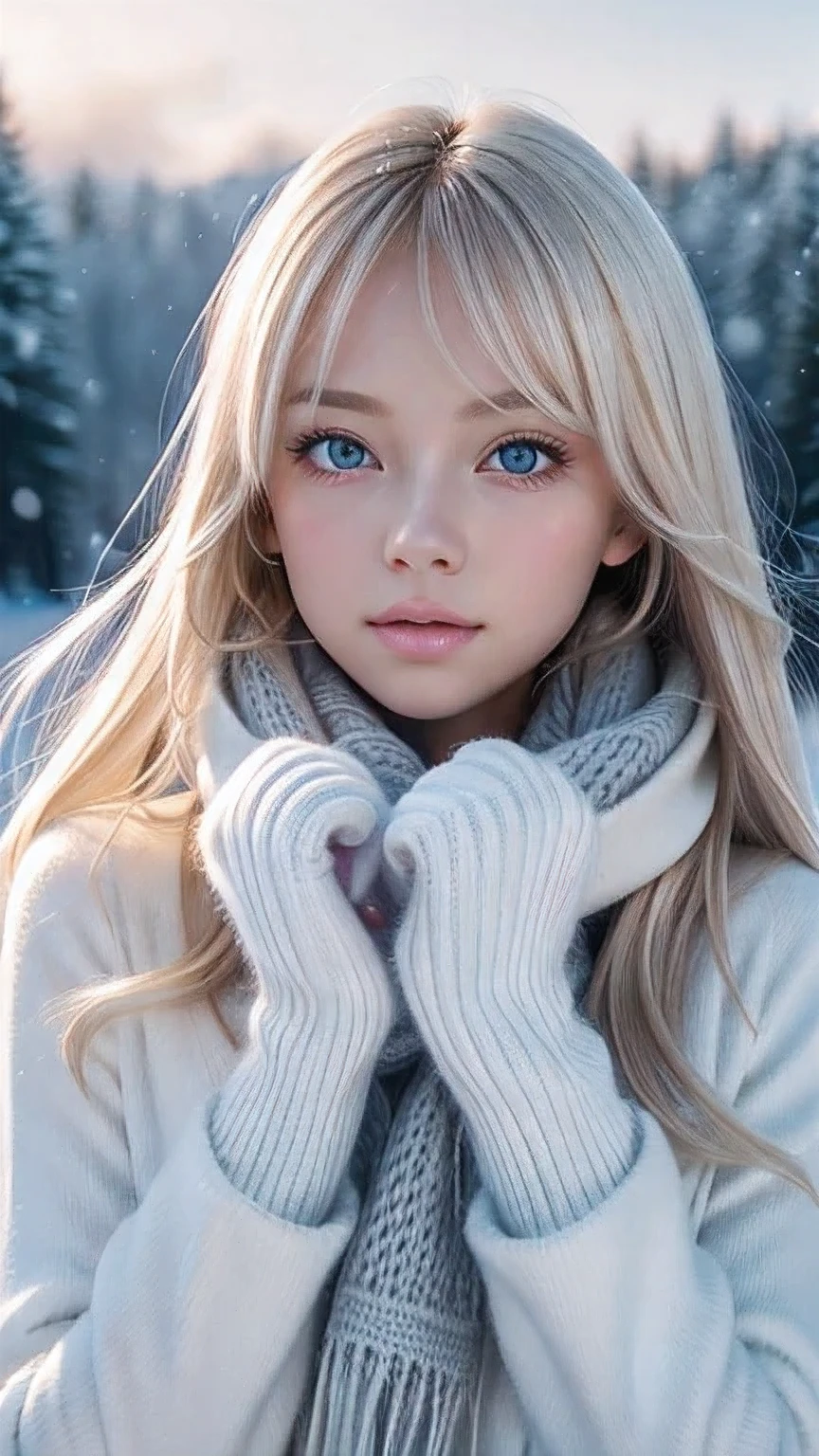 alone, very beautiful nordic girl、Shiny light blonde hair, Beautiful super long straight dazzling blonde hair fluttering in the strong wind,Long bangs obstruct the view、 Very large eyes are pale sky blue, Detailed face, White and beautiful skin、Cheek gloss highlighter、Mittens, White scarf, whole body, Snow Forest, Attractive areas, (Blushing your nose, Heavy breathing:1.1), (dark:1.4)