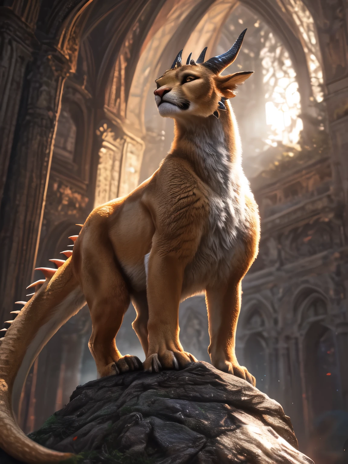 a half-lioness half-dragon female creature, cute dragon, horns, spikes, standing on the edge, (best quality,4k,8k,highres,masterpiece:1.2),ultra-detailed,(realistic,photorealistic,photo-realistic:1.37),fantasy,digital art,concept art,vibrant colors,dramatic lighting,highly detailed,intricate details,dynamic pose