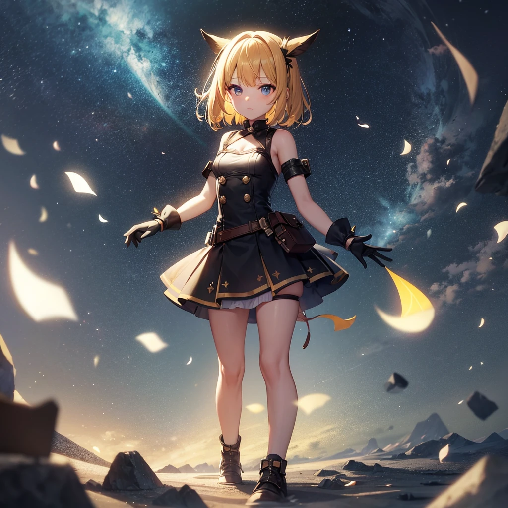 (Adventurer),Mini Dress,Cute clothes,mini skirt,In a naughty way,Cute little ,Tiny ,Small girl,,Childish face, Very fine clean face,Top quality,Straight Hair,Yellow hair,(Dark Room), Subtle Light, Natural light,Soft lighting,Light from directly behind,(Open your hands), (Are standing),Front view,Black background