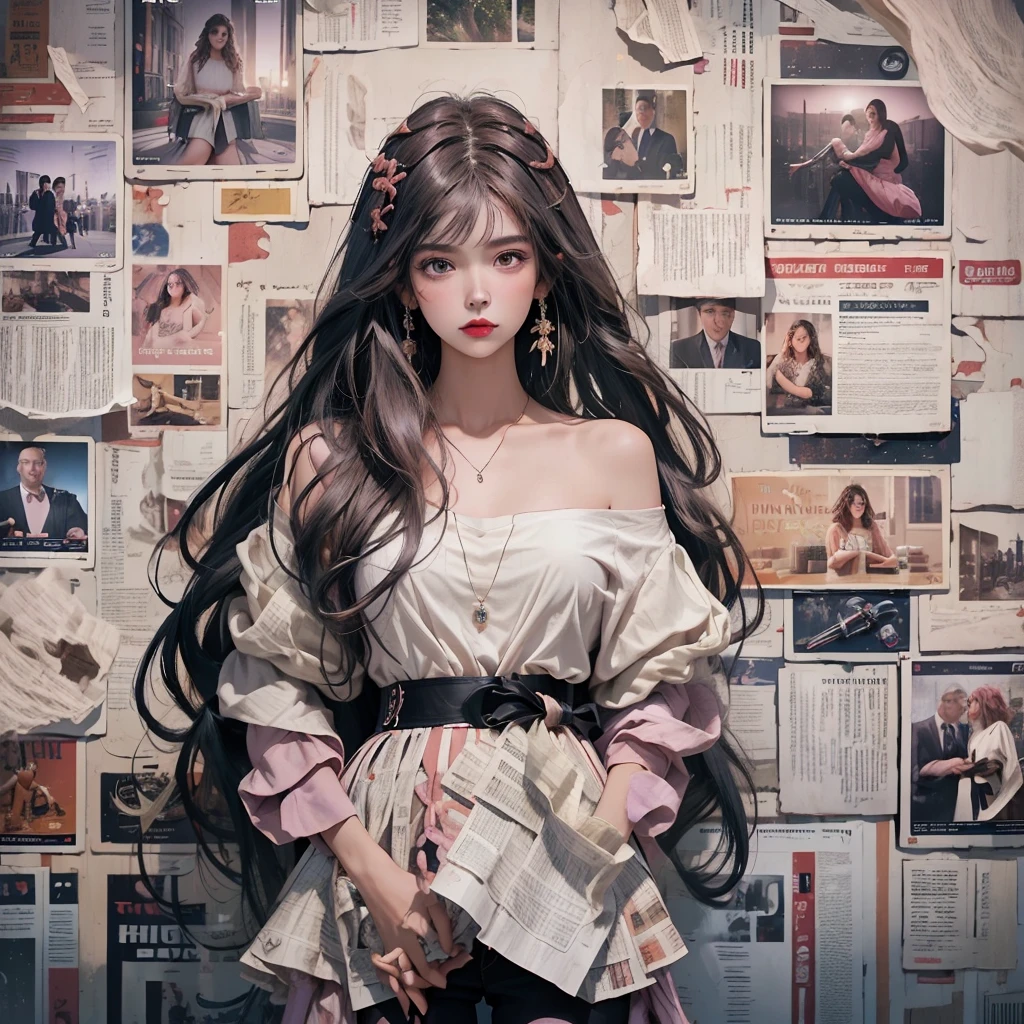 Temperamental girl,Long haine strands of hair,Delicate facial features,Light makeup,Red lips,Fair skin,Ultimate image quality,Highest precision,Hairstyle,Half-length photo,Ultra-high quality,Ultra Detail,Light pink fairy dress,Off-shoulder,Light purple,autumn,Maple tree background,Guitar in hand