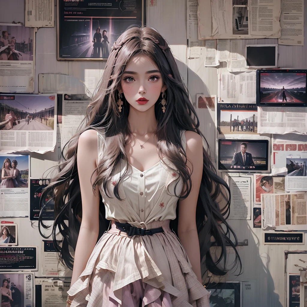 Temperamental girl,Long haine strands of hair,Delicate facial features,Light makeup,Red lips,Fair skin,Ultimate image quality,Highest precision,Hairstyle,Half-length photo,Ultra-high quality,Ultra Detail,Light pink fairy dress,Off-shoulder,Light purple,autumn,Maple tree background,Guitar in hand