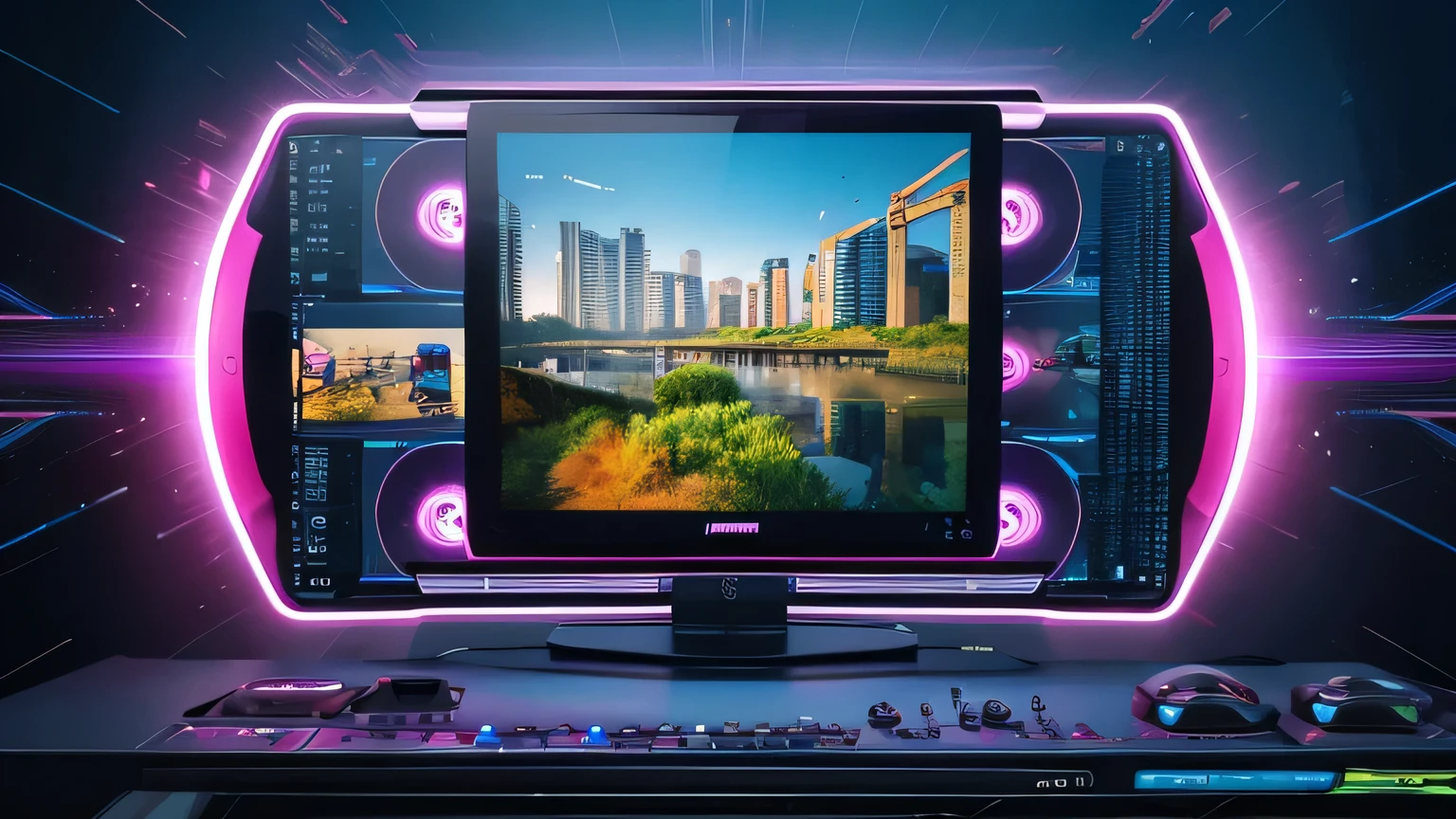 Demonstrating the concept of AI-based video generation、Vibrant, contemporary illustrations。The image shows、Video Frame、Play button、Includes a digital interface with AI elements such as gears and circuits。Around the interface、Synthesia、Magisto、Animoto、Lumen5、Icons representing AI video generation tools such as Pictory are placed here.。Background、A colorful and dynamic design that symbolizes creativity and technology.。