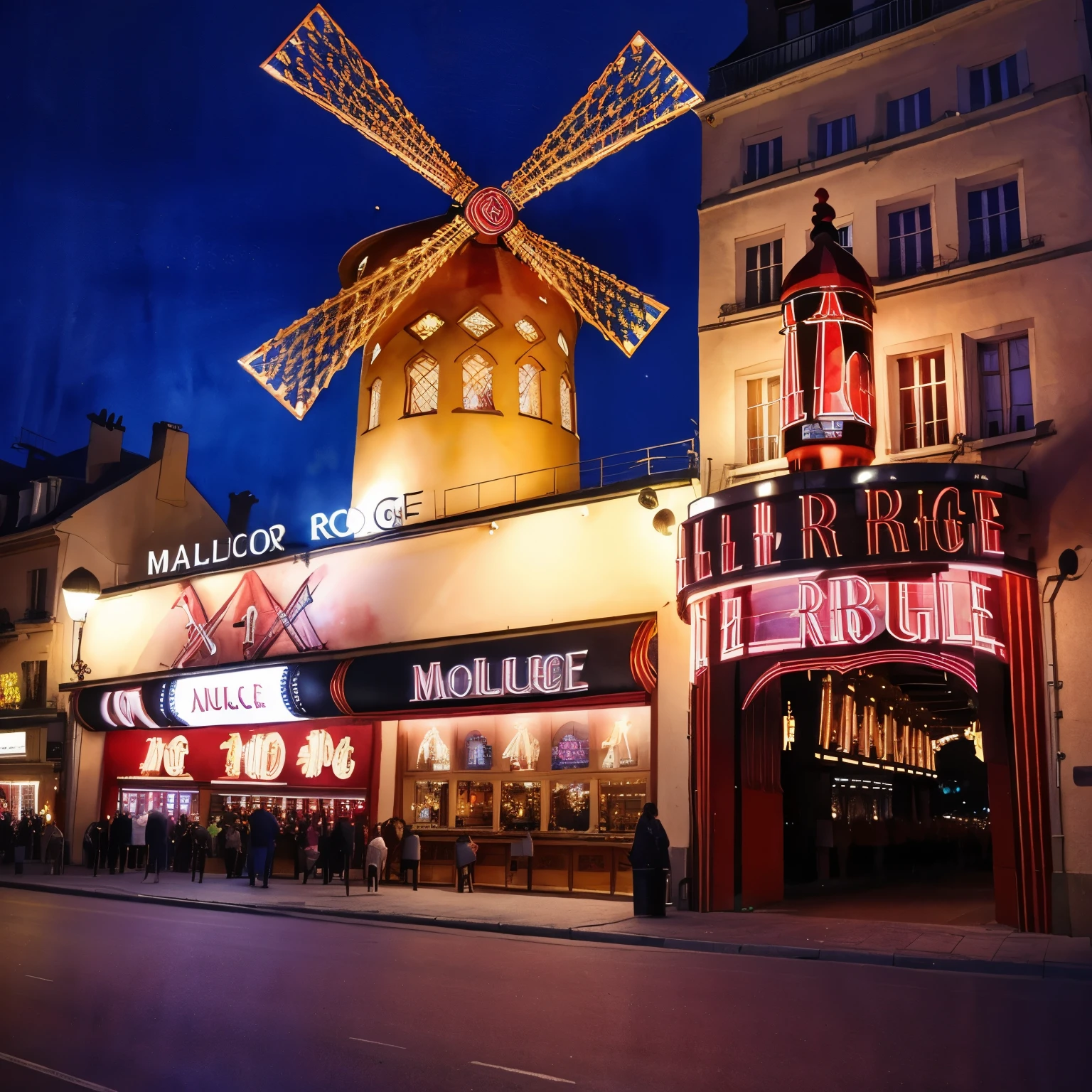 (masterpiece:1.2, Highest quality),(Very detailed),(((watercolor))),8k,wallpaper,Landscape of France,moulin rouge,night,(((透明watercolor)))
