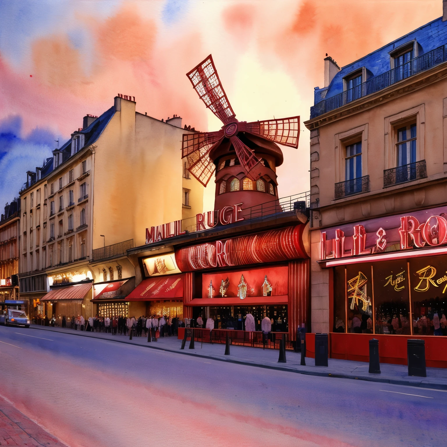 (masterpiece:1.2, Highest quality),(Very detailed),(((watercolor))),8k,wallpaper,Landscape of France,moulin rouge,night,(((透明watercolor)))
