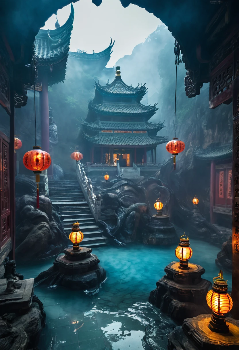 China, temple, (Mysterious Black Mist), Journey to the West, Judge, Elders, Glazed tiles, Buddha statues, lantern, absurd, Realistic lighting, (abyss) masterpiece, high quality, Beautiful graphics, High Detail, seabed, Water dungeon, male, Snake spirit