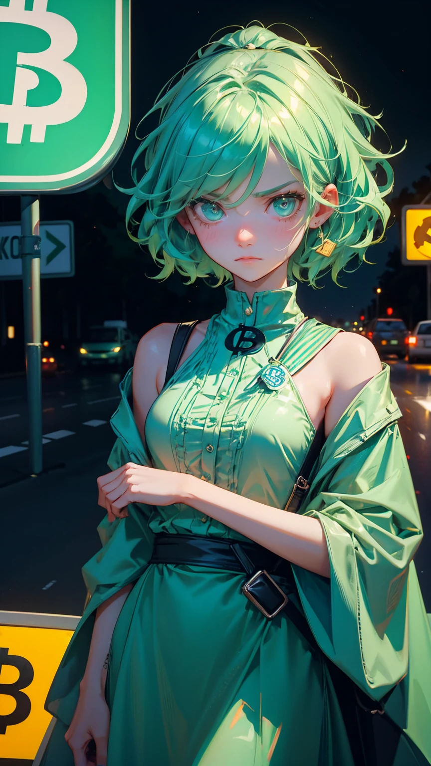 A cute girl light green hairs, with sadness emotions on face looking at of cars stuck in traffic with bitcoin symbols on the road signs, Bitcoin symbols and blue hues for road signs, one car has an extremely frustrated girl 