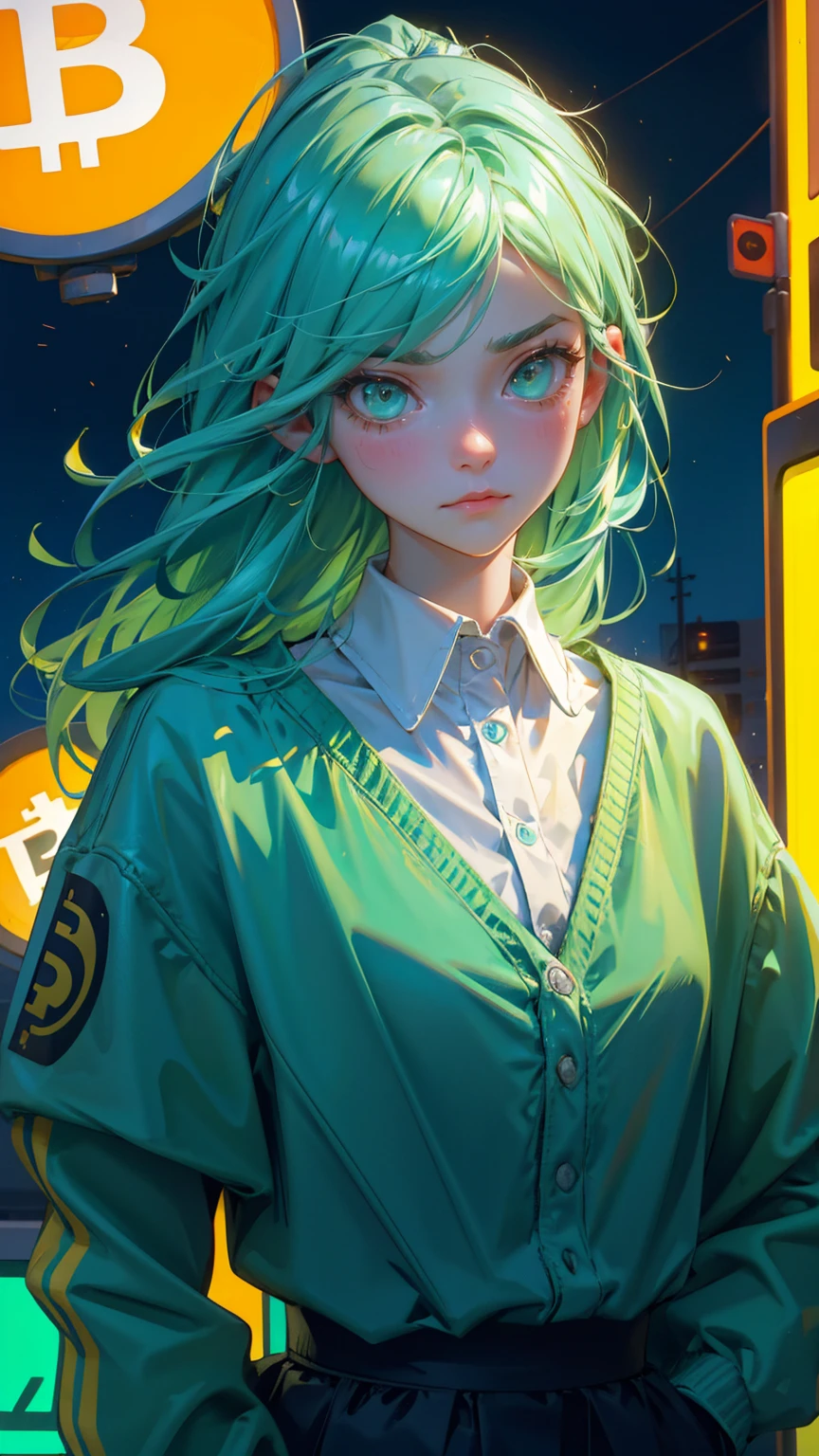 A cute girl light green hairs, with sadness emotions on face looking at of cars stuck in traffic with bitcoin symbols on the road signs, Bitcoin symbols and blue hues for road signs, one car has an extremely frustrated girl 