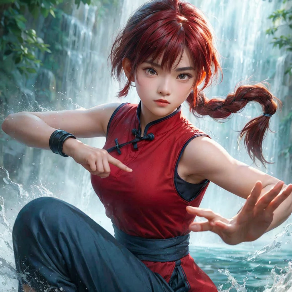 Potography hyper realistic of Ranma, a young female character with striking red short hair with a braided pigtail, has a beautiful body. She is dressed in kungfu attire: a sleeveless red shirt, navy pants, and slip-on shoes. Standing behind her is a large, serious panda. Both are captured in dynamic action poses with martial arts elements, set against a misty waterfall backdrop.