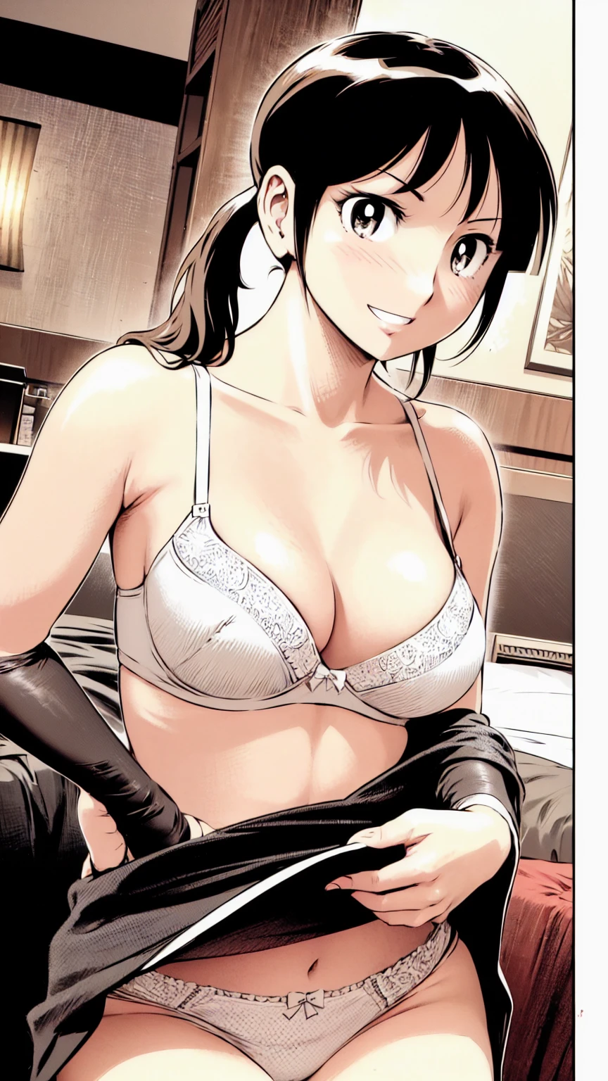 (masterpiece、Highest quality)、Highest quality, Ultra-high resolution, (((masterpiece))), alone, slim、Skinny、smile、Embarrassed、blush、Black Hair、ponytail、Hotel、bra、underwear、濃いpubic hair、pubic hair、Big Breasts、Nipples、Underarm