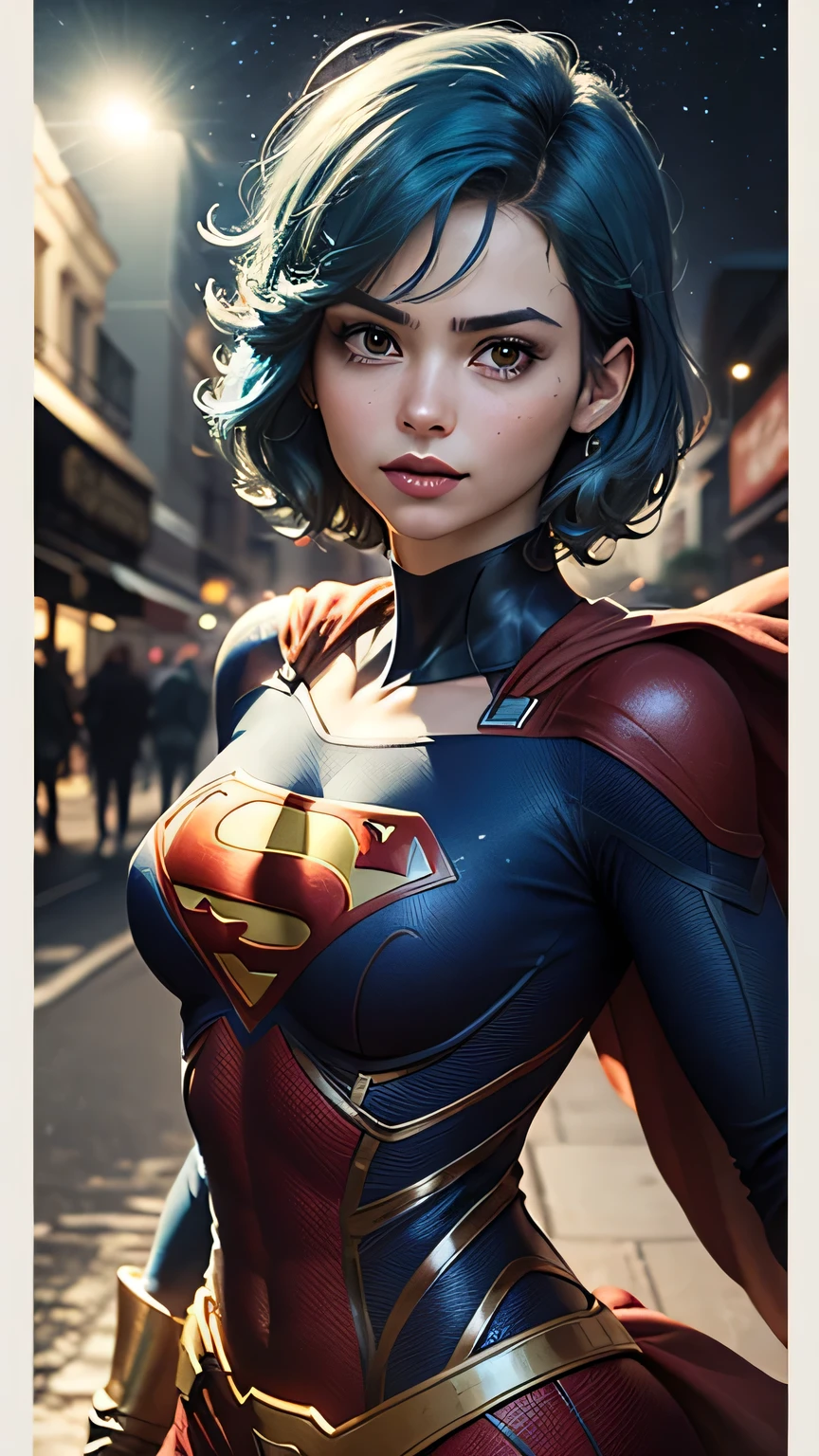 ((whole body view)), (SUPERGIRL is in outer space), (Complete DC Comics Superheroine), fora, The scenery is lush and mysterious, com galaxias ao seu redor. The camera details everything. ((ela tem cabelo azul, ela tem cabelo curto)), (Ela tem um sorriso confiante, Pose heroica), ( His attitude is fearless), ( Ela tem uma personalidade arrogante). as mãos não aparecem na foto, (blue hair:1.3), (short hair:1.2),
