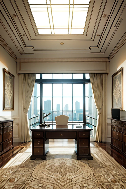 Front view, gentle, anime background art, clean lines, intricate details, serene, high quality, large room, neat, organized, clean, view from window, luxury desk, luxury office chair, calm, cozy, vintage feel, simple, soft textures, interior wallpaper, blurry foreground, large office space