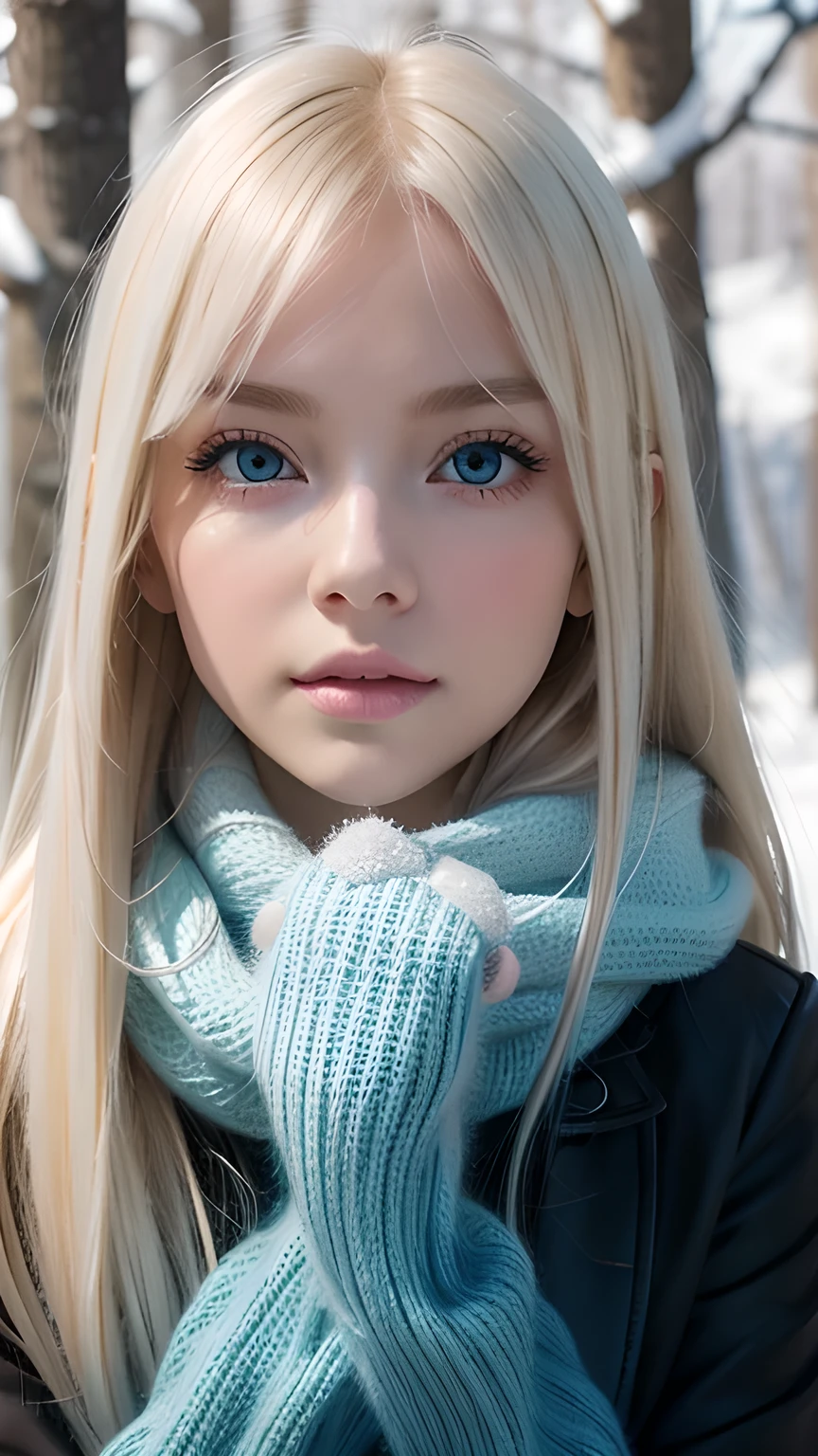 alone, very beautiful nordic girl、Shiny light blonde hair, Beautiful super long straight dazzling blonde hair fluttering in the strong wind,Long bangs obstruct the view、 Very large eyes are pale sky blue, Detailed face, White and beautiful skin、Cheek gloss highlighter、Mittens, White scarf, whole body, Snow Forest, Attractive areas, (Blushing your nose, Heavy breathing:1.1), (dark:1.4)