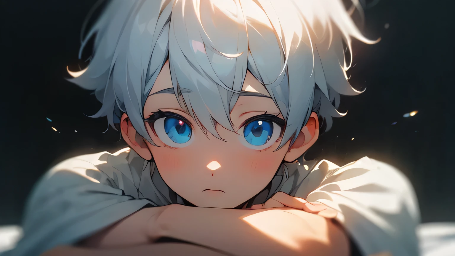 (masterpiece, Ultra-high quality, high resolution, 8K, complicated: 1.2), (Delicate face:1.2),White skin, Double eyelids , Delicate skin, a boy,Good lighting quality, ((青White skin)), Soft and cute anime style，Cute cat-eared boy wearing a white short-sleeved shirt，Bright red-blue eyes，Q version expression pack，Excellent anime