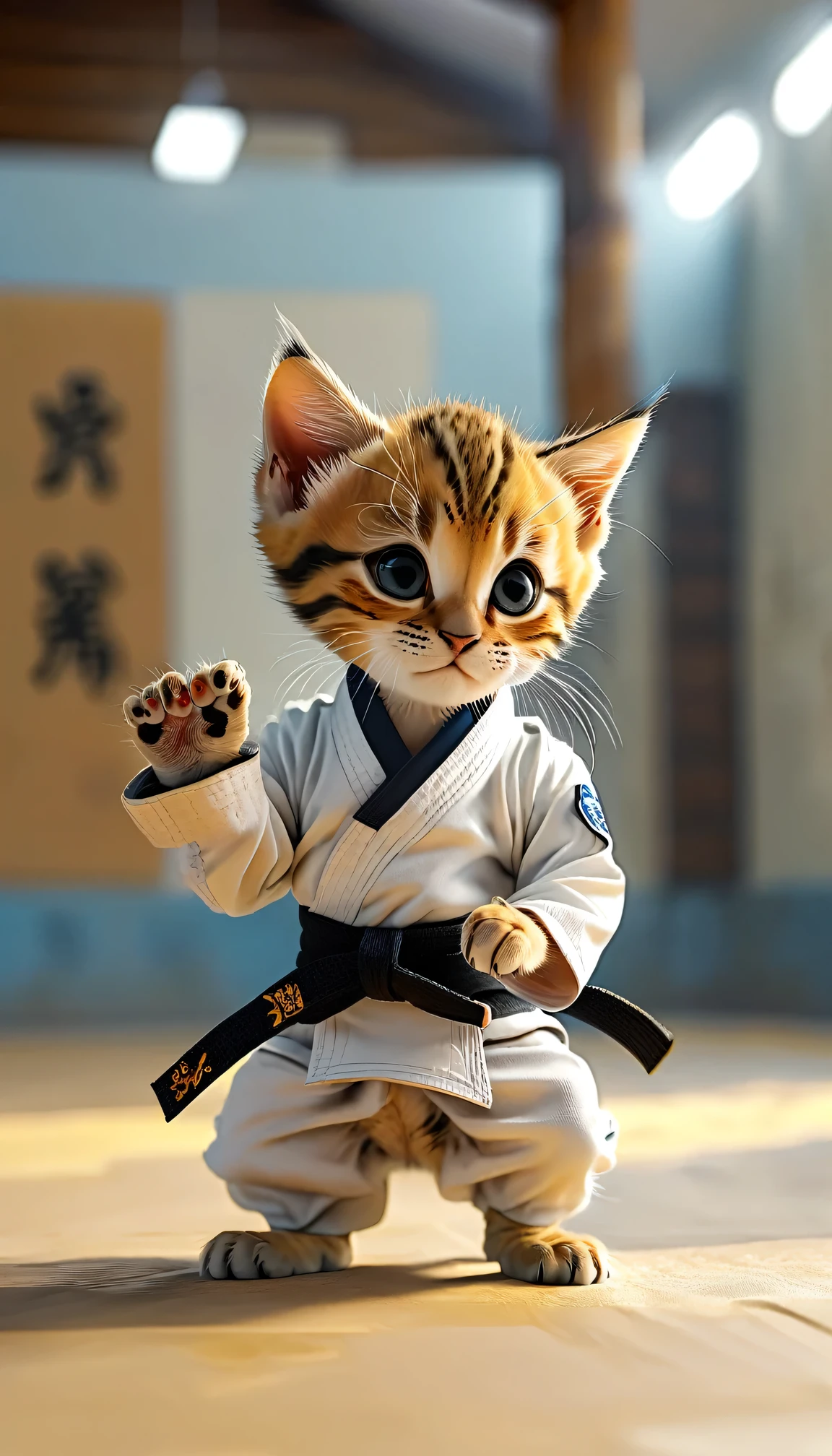 ((8k)), highest quality, 超High resolution, (High resolution), Bengal kitten is doing judo in judo uniform, Black belt, Judo Hall, The gesture of joining hands with the other person, Loud cheers from the audience