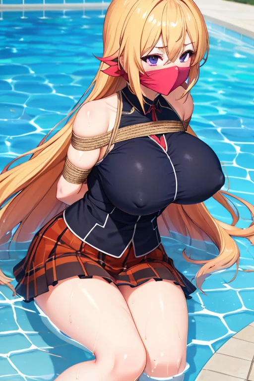 1 girl, detailed blue eyes, lange wimpern, detailed beautiful face, 4k quality, (Long blonde hair:1.4), (arms behind back:1.3), (big breasts:1.5), Red rope, blushing, erina nakiri, long hair, orange hair, (purple eyes:1.1), hair between eyes, (short black skirt, naked, 18 jears old:1.4), (bondage:1.3), erhobene Augenbrauen, pralle Brüste, OTN, Gag, gagged, (laying in water:1.5), wet, in a Public pool