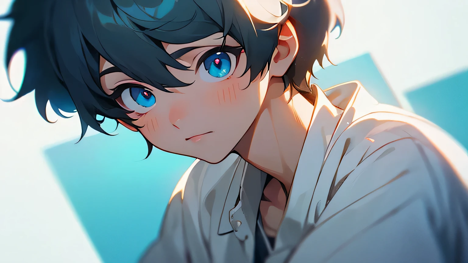 (masterpiece, Ultra-high quality, high resolution, 8K, complicated: 1.2), (Delicate face:1.2),White skin, Double eyelids , Delicate skin, a boy,Good lighting quality, ((青White skin)), Soft and cute anime style,Cute cat-eared boy wearing a white short-sleeved shirt,Bright red-blue eyes,Q version expression pack,Excellent anime