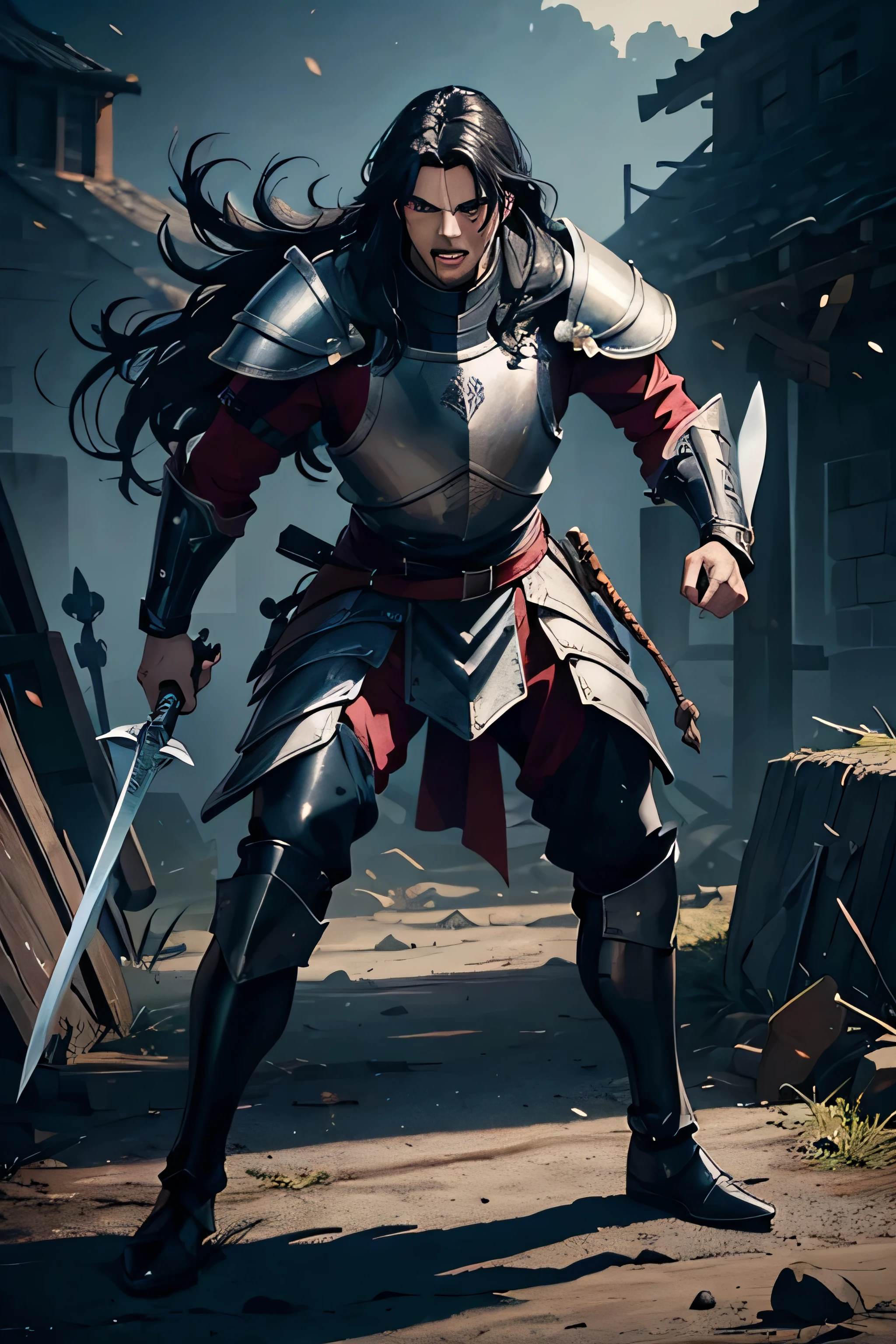 make an illustration of medieval male war liutenant, weilding sword in left hand, about 25 years old, meiudm long black hair, wearing plate chest armor mix with leather armor, furious expression, full body pose, dynamic pose, high res, ultra sharp, 8K, masterpiece, looking at viewer, perfect finger