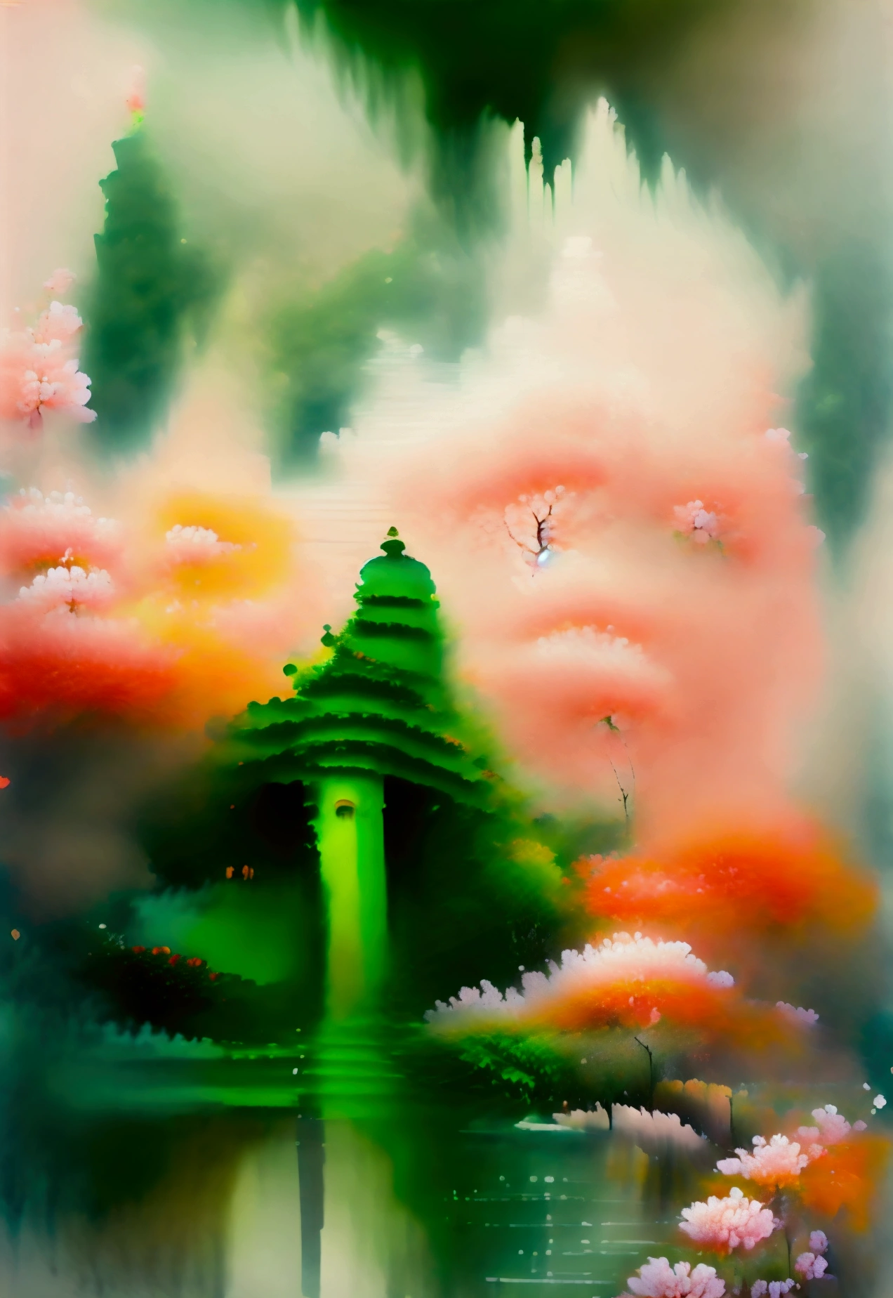 Absurd, High resolution, Super detailed, beautiful, masterpiece, Highest quality,Ancient temples, Lush garden, Bright colors, Quiet Pond, Traditional architecture, cherry blossoms