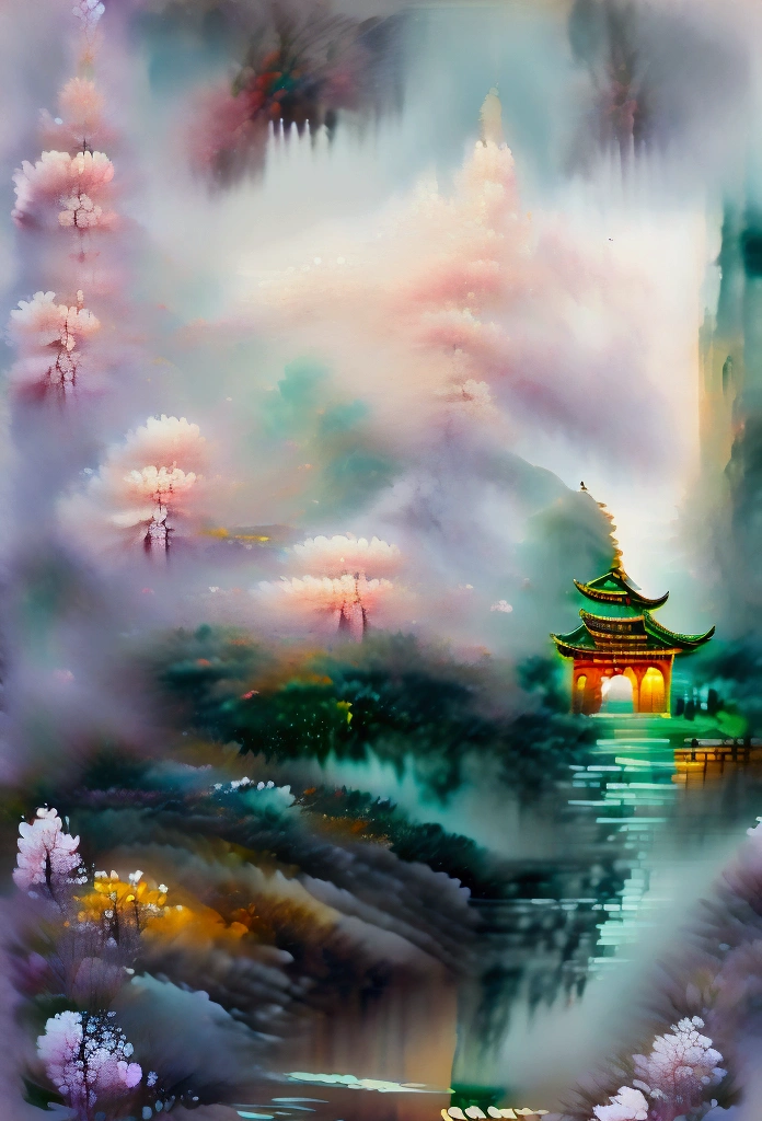 Absurd, High resolution, Super detailed, beautiful, masterpiece, Highest quality,Ancient temples, Lush garden, Bright colors, Quiet Pond, Traditional architecture, cherry blossoms