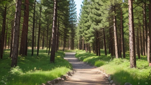 Amazing pine forest, the path leads to a small pond, high resolution landscape