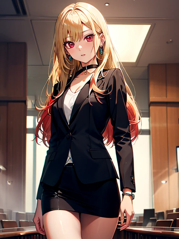敏腕lawyer, (suit), (The background is the courtroom), lawyer, kitagawa marin, One girl, Blonde, Long Hair, Multicolored Hair, Red eyes, jewelry, Earrings, Earrings, Black choker, 超High resolution, retina, masterpiece, Accurate, Anatomically correct, Textured skin, Super Detail, Attention to detail, high quality, 最high quality, High resolution, 4K