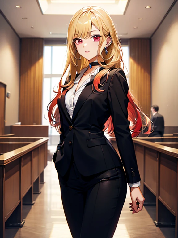 敏腕lawyer, (suit), (The background is the courtroom), lawyer, kitagawa marin, One girl, Blonde, Long Hair, Multicolored Hair, Red eyes, jewelry, Earrings, Earrings, Black choker, 超High resolution, retina, masterpiece, Accurate, Anatomically correct, Textured skin, Super Detail, Attention to detail, high quality, 最high quality, High resolution, 4K