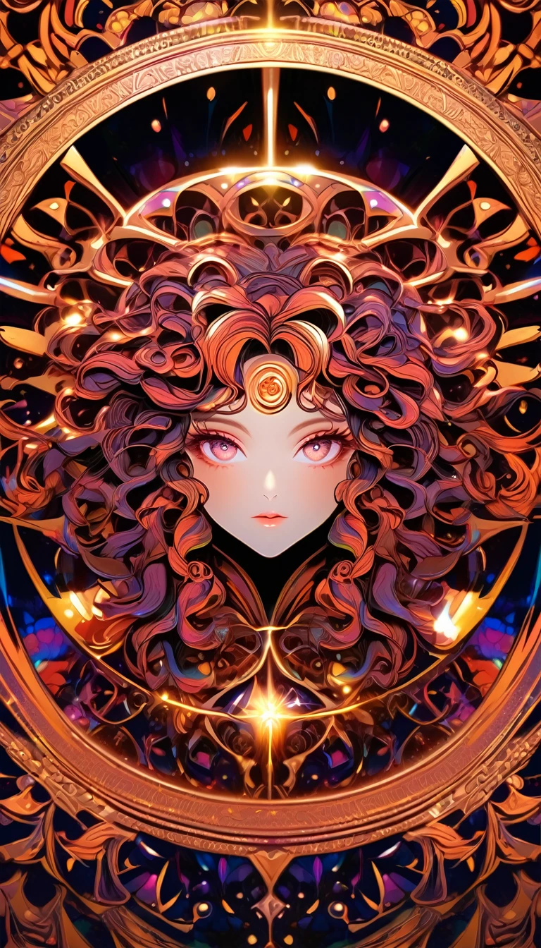 shining copper-plated Medusa, kaleidoscope, mysterious artworks, 2.5D, delicate and dynamic, shading, contrast magic, beautiful colors effects