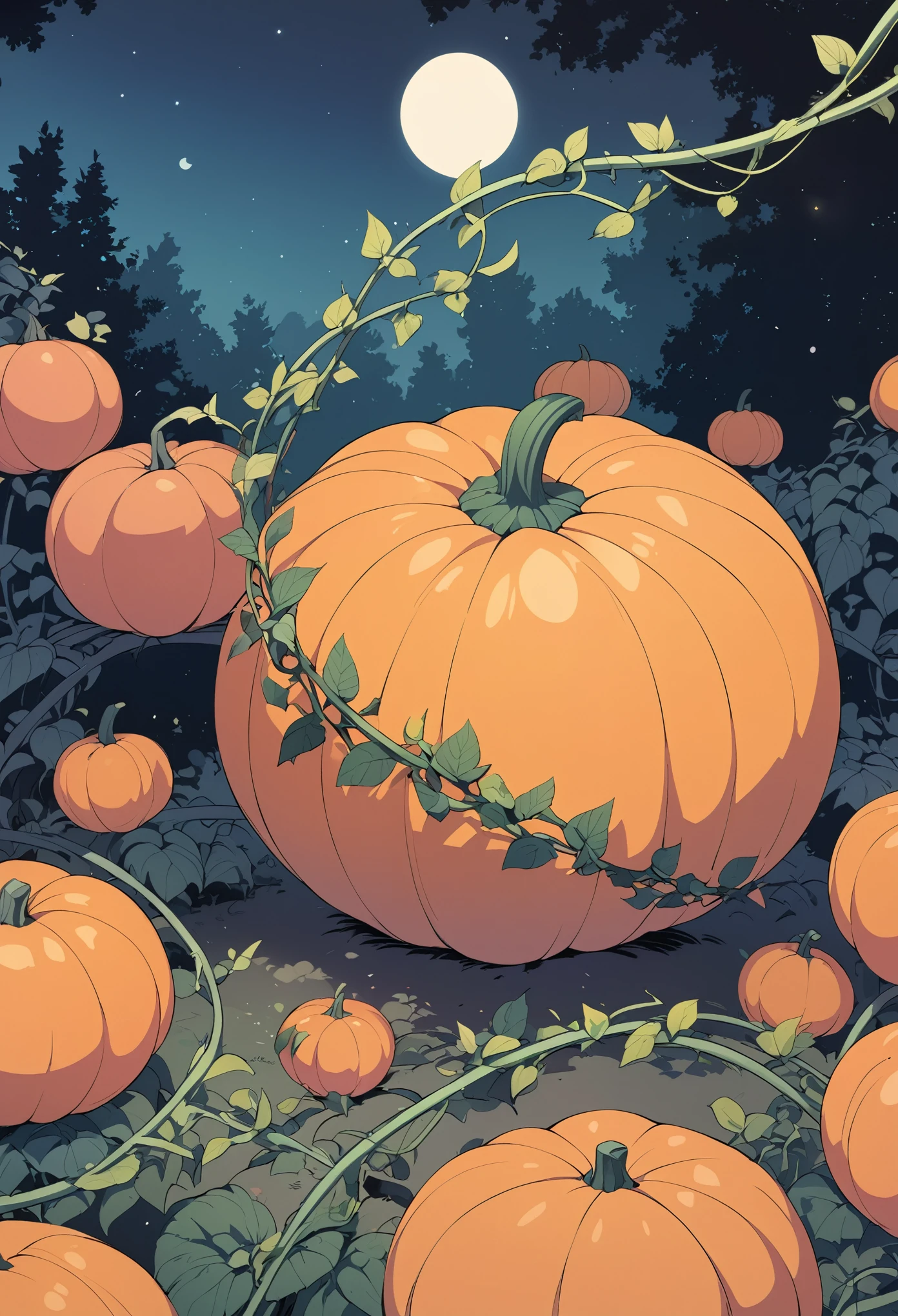 Poayoi Kusama,High Saturation,Rich color collision,Big forest at night,Tranquility,Close-up of a large pumpkin on a pumpkin vine,Vintage illustration