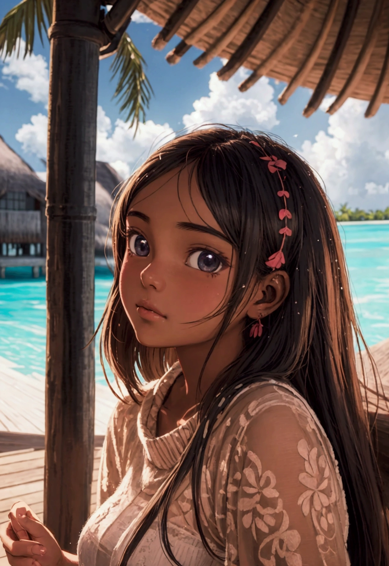 (best quality), (masterpiece), a background image for Lofi Music with a Maldivian girl, (Maldivian girl:1.3), (Lofi Music:1.3), (serene expression:1.2), (ray tracing:1.1), (realistic:1.3)