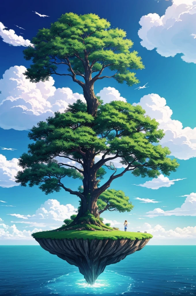 anime scenery with a tree and a sky background, concept art by Yuumei, pixiv contest winner, conceptual art, island floating in the sky, anime landscape wallpaper, wallpaper anime blue water, flying island in the sky, anime beautiful peace scene, floating island in the sky, anime background art, anime nature wallpap, anime background, beautiful anime scenery, yggdrasil
