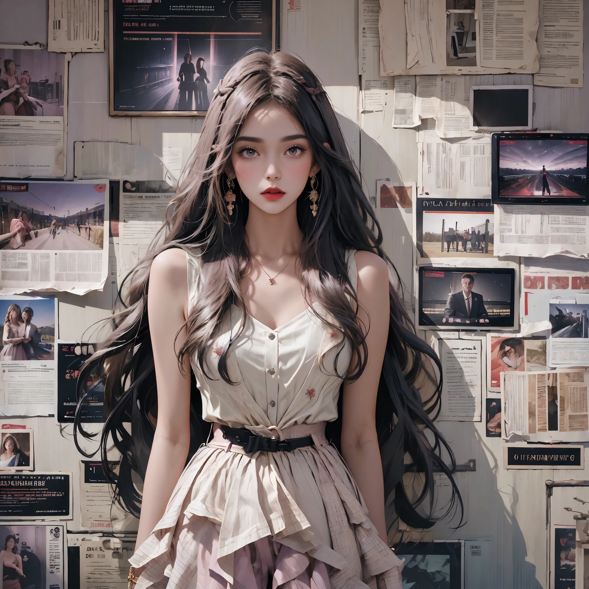 Temperamental girl，Long haine strands of hair，Delicate facial features，Light makeup，Red lips，Fair skin，Ultimate image quality，Highest precision，Hairstyle，Half-length photo，Ultra-high quality，Ultra Detail，Light pink fairy dress，Off-shoulder，Light purple，autumn，Maple tree background，Guitar in hand