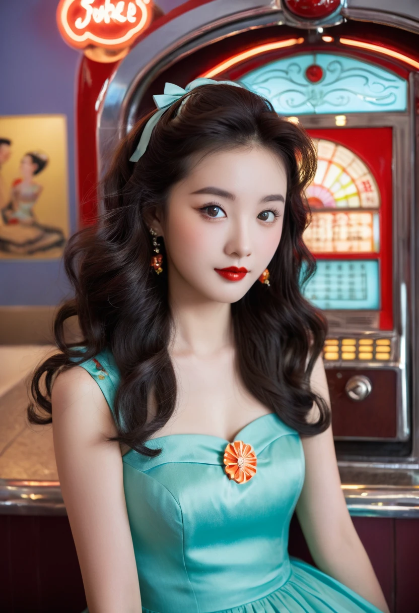 A Chinese girl，1 girl wearing a 1950s style dress, Comes with full skirt and petticoat, Her hair is curly. She should be sitting in an old-fashioned restaurant, Retro details all around，Like a jukebox, Chrome decoration, and neon. Her eyes should be shining with excitement, Her skin is flawless，In soft, Dramatic Lighting. This scene should have been shot on 35mm film, Has a beautiful depth of field and a slight blur, Nostalgic background,, ,