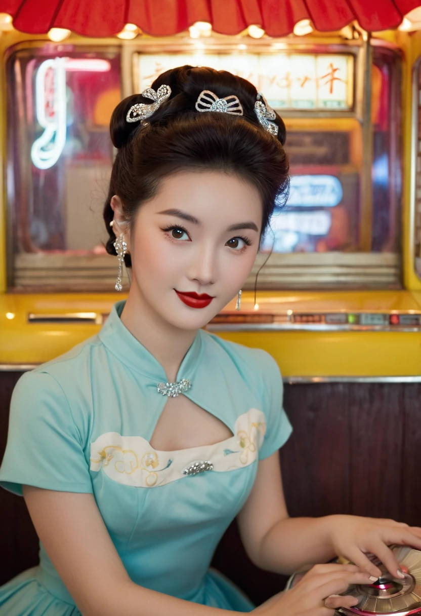 A Chinese girl,1 girl wearing a 1950s style dress, Comes with full skirt and petticoat, Her hair is curly. She should be sitting in an old-fashioned restaurant, Retro details all around,Like a jukebox, Chrome decoration, and neon. Her eyes should be shining with excitement, Her skin is flawless,In soft, Dramatic Lighting. This scene should have been shot on 35mm film, Has a beautiful depth of field and a slight blur, Nostalgic background,, ,