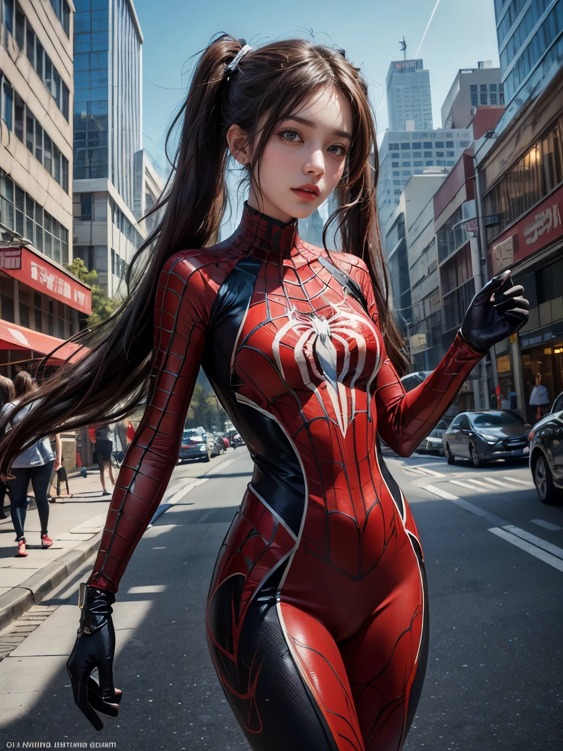 (masterpiece, best quality), intricate details, 8k, artstation, wallpaper, official art, splash art, sharp focus,, 1girl, long hair, twin tails, red eyes, brown hair, ,  spider suit, spider web printing, spider web,  , skyscrapers, city, buildings, cars, street,